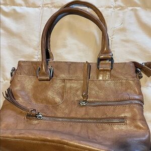 Everyday Tan Leather Satchel with Front Zip Pockets - Women